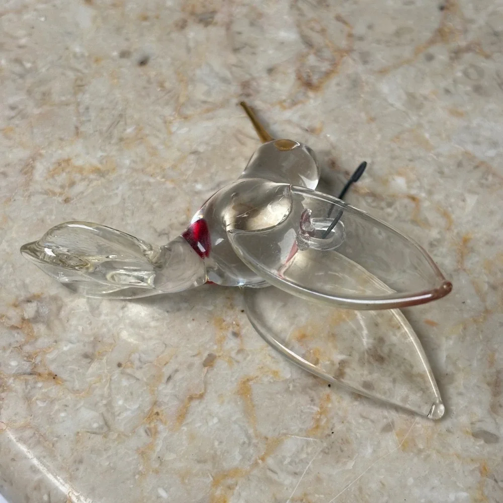 Hand‎ Blown Glass Hummingbird Ornament Clear Red Gold 3 Inch Art Glass